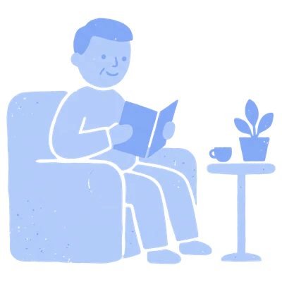 Illustration: Ein älterer Mann sitzt lächelnd in einem Sessel und liest ein Buch, daneben ein Beistelltisch mit Zimmerpflanze und Tasse